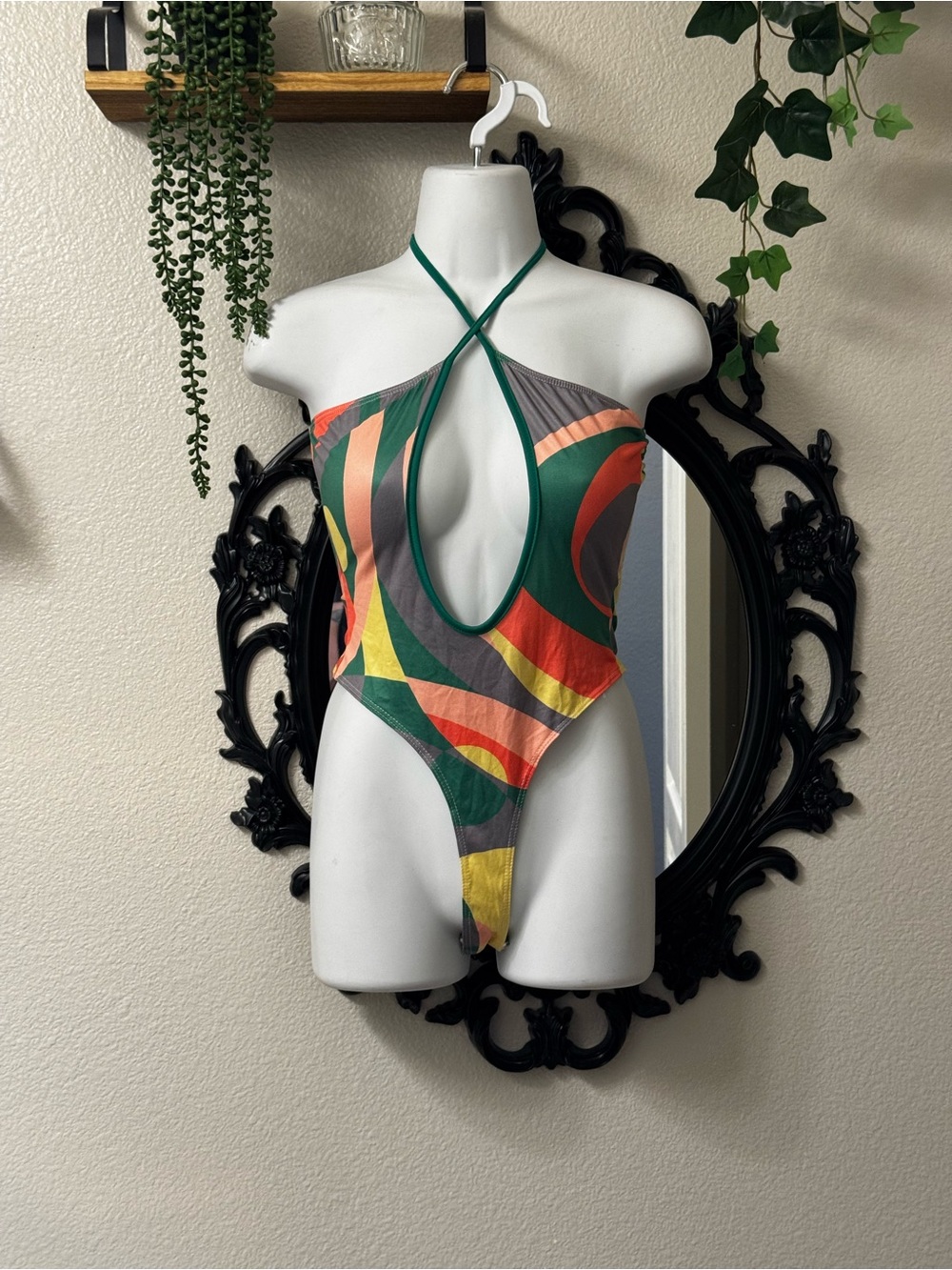 Fashion Nova Green Multicolor Halter Cutout One-Piece Swimsuit